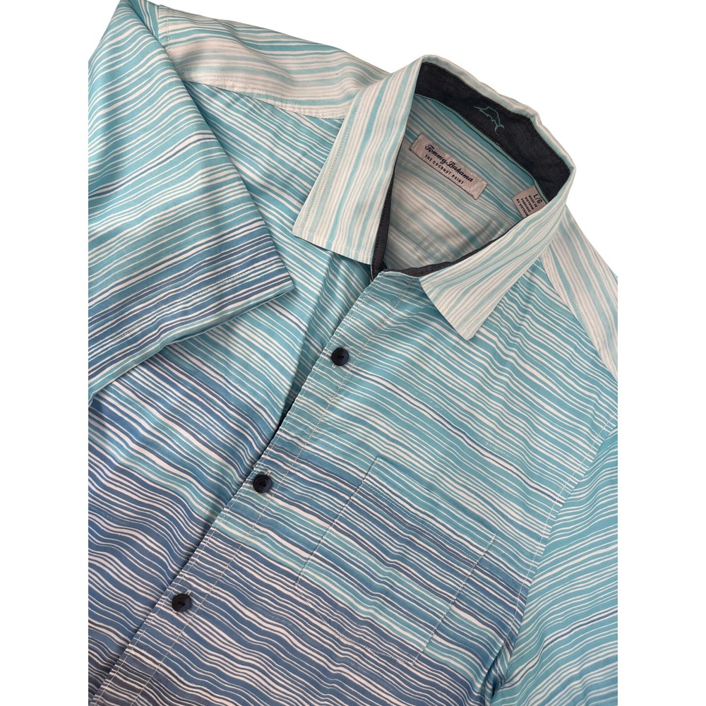 Tommy Bahama Mens Coconut Point Island Zone Blue Stripe Short Sleeve Shirt L G